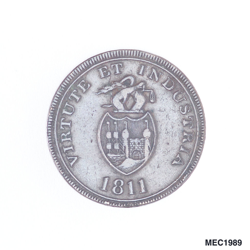 Detail of Bristol halfpenny token by T. Halliday