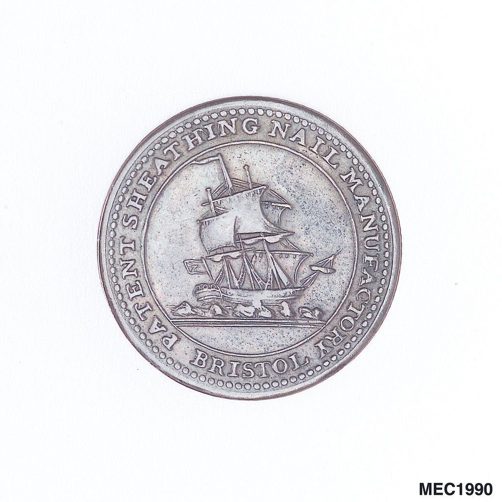 Detail of Bristol farthing token by T. Halliday