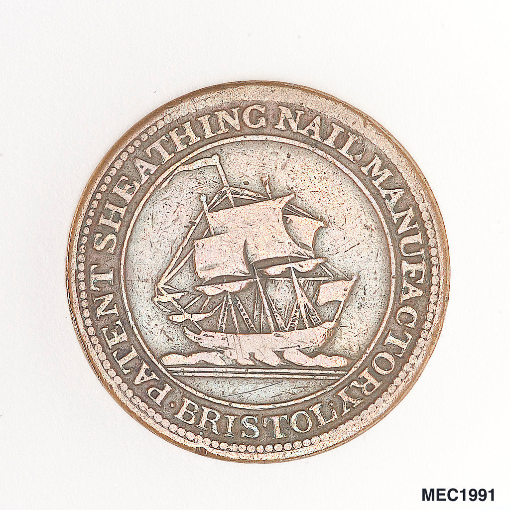 Detail of Bristol halfpenny token by T. Halliday