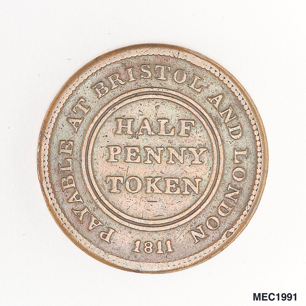 Detail of Bristol halfpenny token by T. Halliday