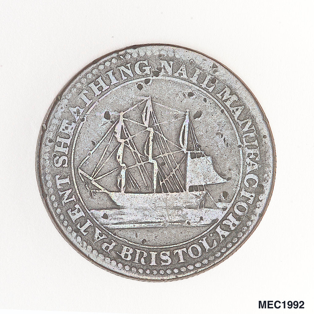 Detail of Bristol halfpenny token by T. Halliday