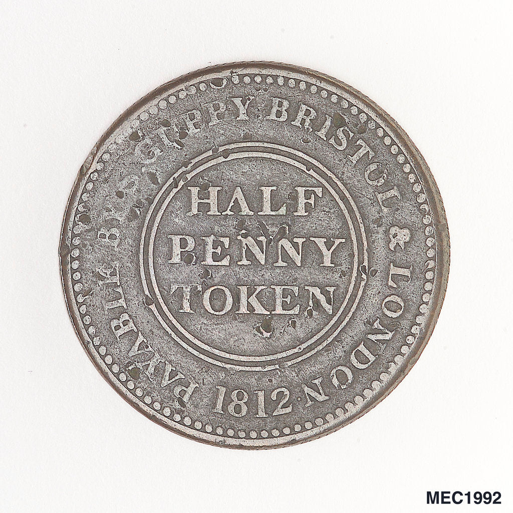 Detail of Bristol halfpenny token by T. Halliday