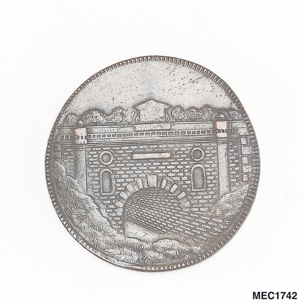 Detail of Brimscombe halfpenny token commemorating the Thames and Severn Canal by J.G. Hancock