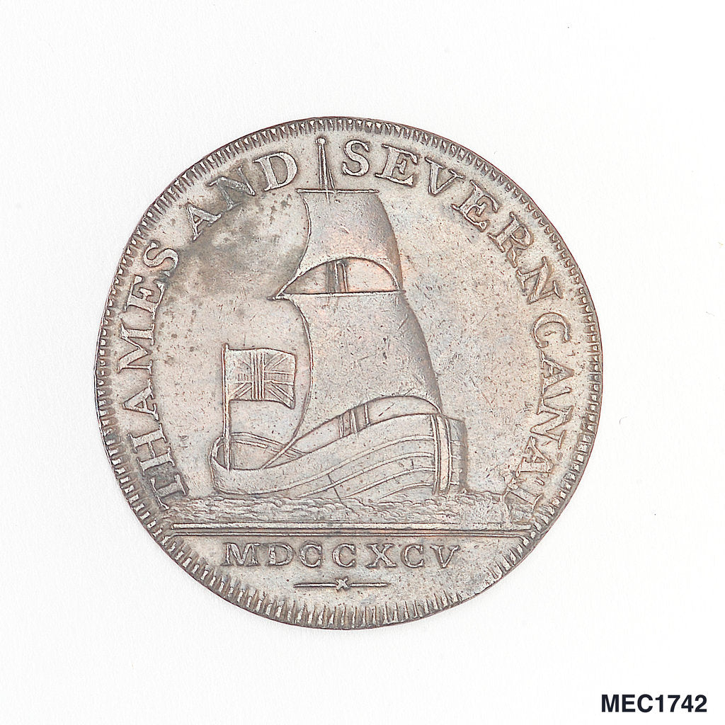 Detail of Brimscombe halfpenny token commemorating the Thames and Severn Canal by J.G. Hancock