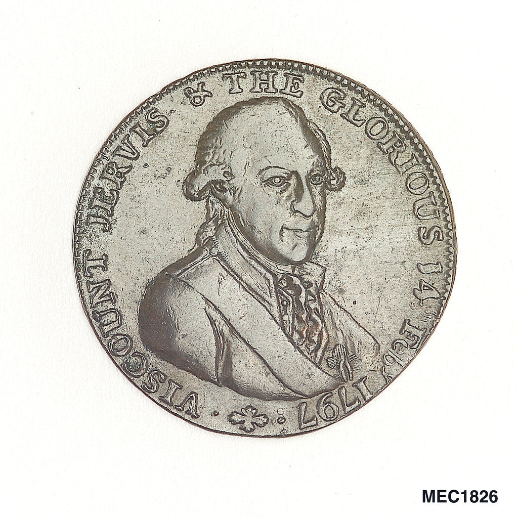 Detail of Portsmouth halfpenny token commemorating John Jervis, Earl St Vincent (1735-1823) and the battle of Cape St Vincent, 1797 by J. Pitt