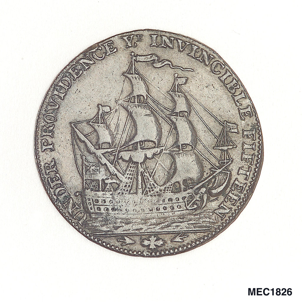 Detail of Portsmouth halfpenny token commemorating John Jervis, Earl St Vincent (1735-1823) and the battle of Cape St Vincent, 1797 by J. Pitt