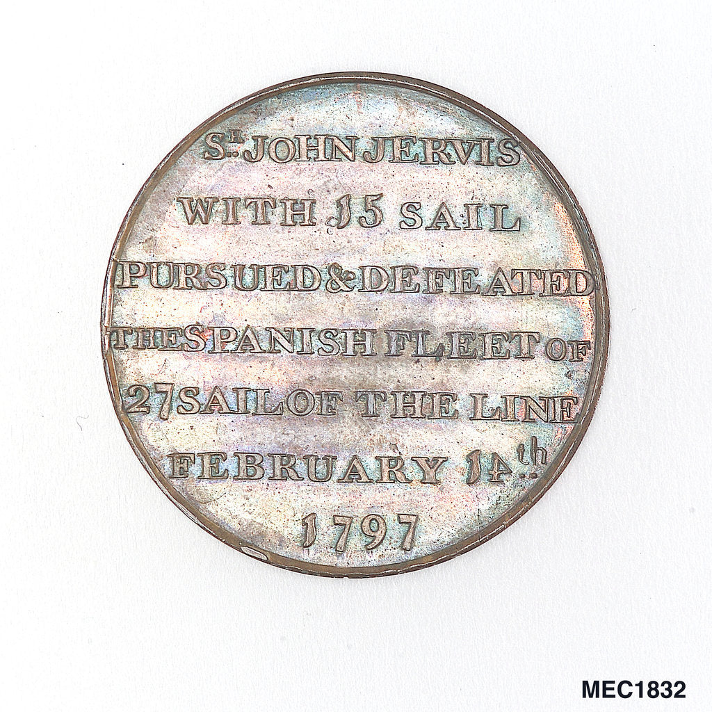 Detail of Portsmouth halfpenny token commemorating John Jervis, Earl St Vincent (1735-1823) and the battle of Cape St Vincent, 1797 by T. Wyon