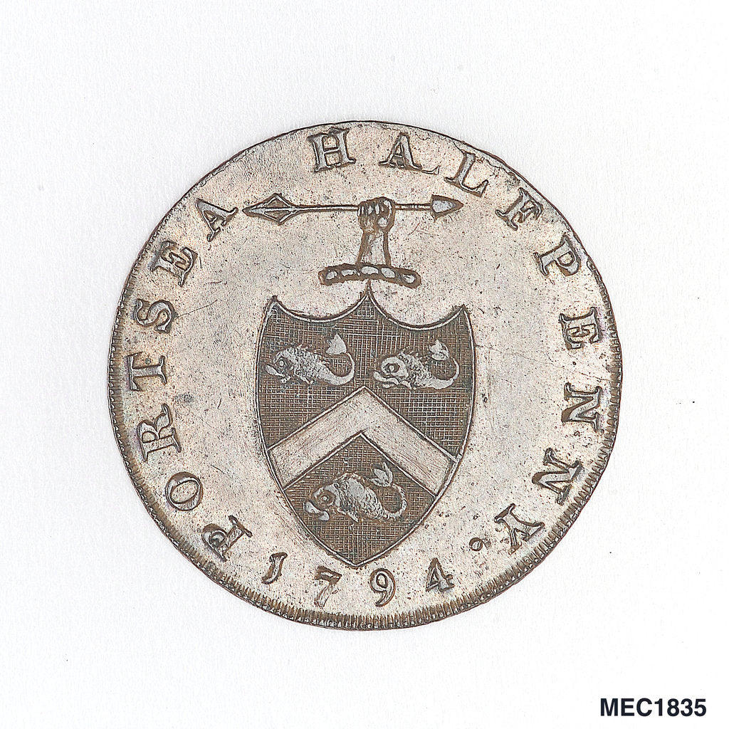 Detail of Portsea halfpenny token by T. Wyon