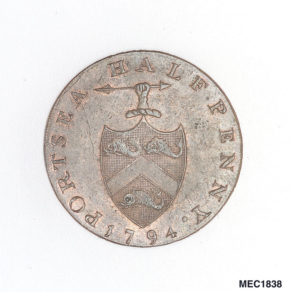 Detail of Portsea halfpenny token by T. Wyon