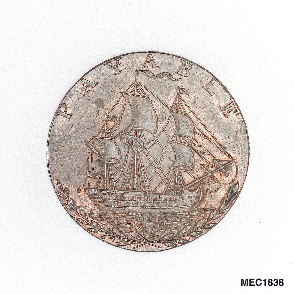 Detail of Portsea halfpenny token by T. Wyon