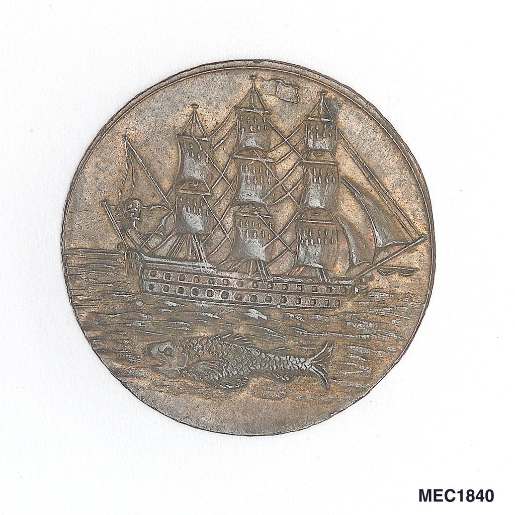 Detail of Portsea promissory halfpenny token by T. Willets