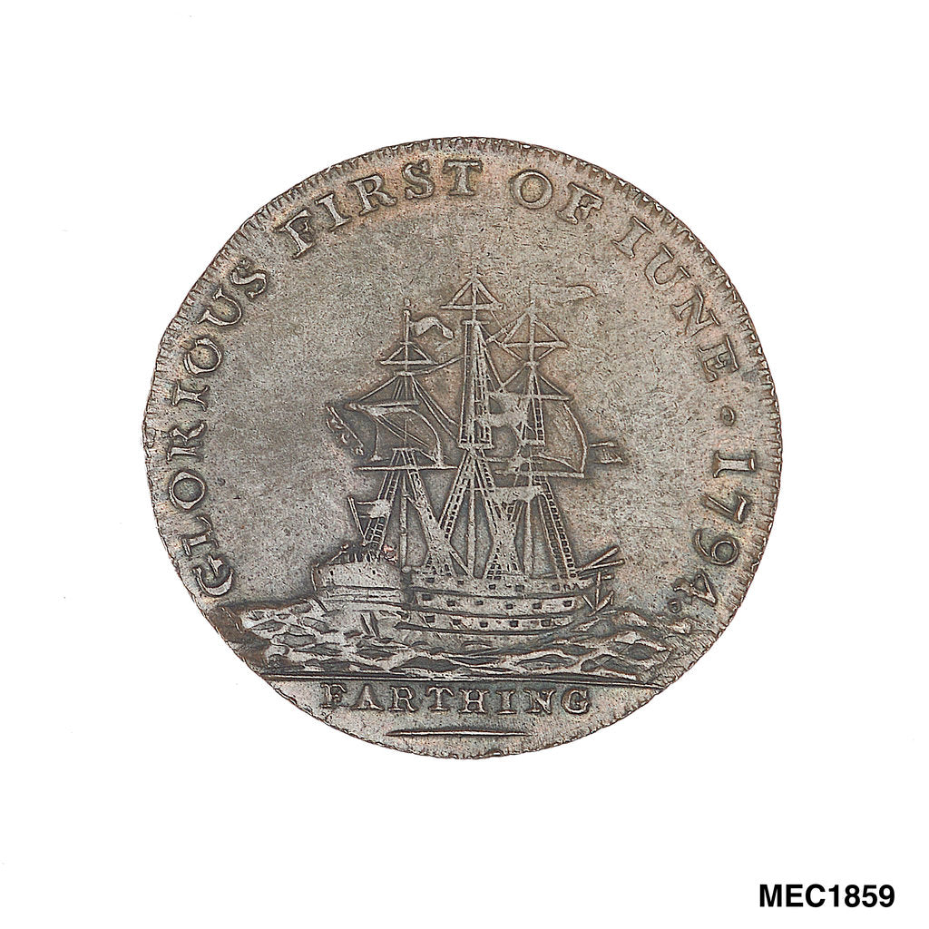 Detail of Farthing token commemorating Admiral of the Fleet Richard Howe (1726-1799) and the Glorious First of June, 1794 by T. Wyon