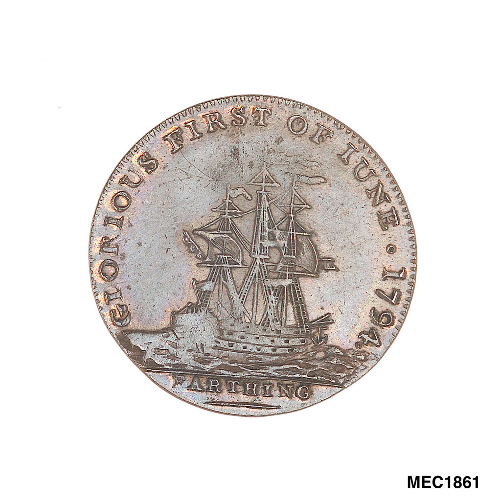 Detail of Farthing token commemorating Admiral of the Fleet Richard Howe (1726-1799) and the Glorious First of June, 1794 by T. Wyon