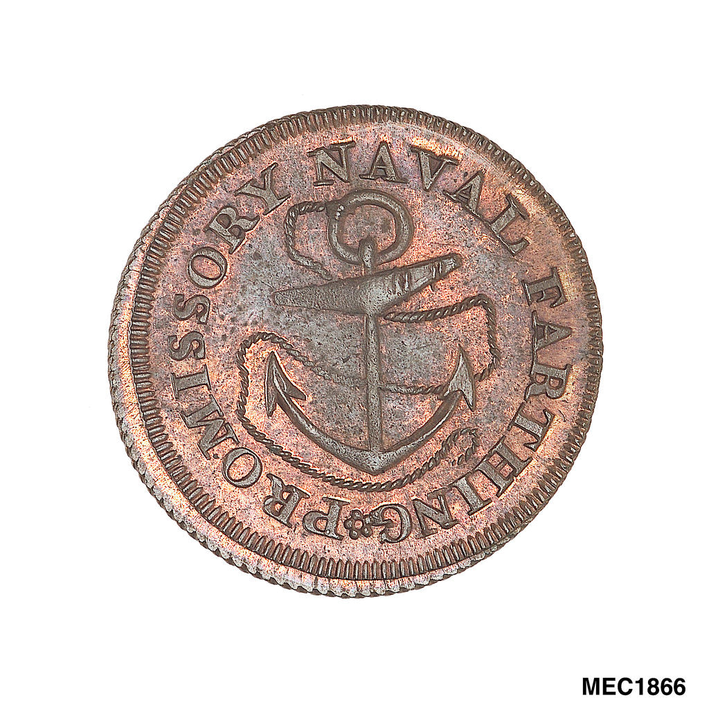 Detail of Promissory naval farthing token commemorating Admiral of the Fleet Richard Howe (1726-1799) by T. Wyon