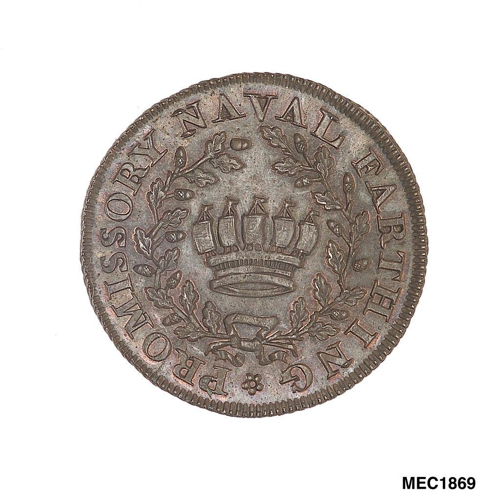 Detail of Promissory naval farthing token commemorating John Jervis, Earl St Vincent (1735-1823) by T. Wyon