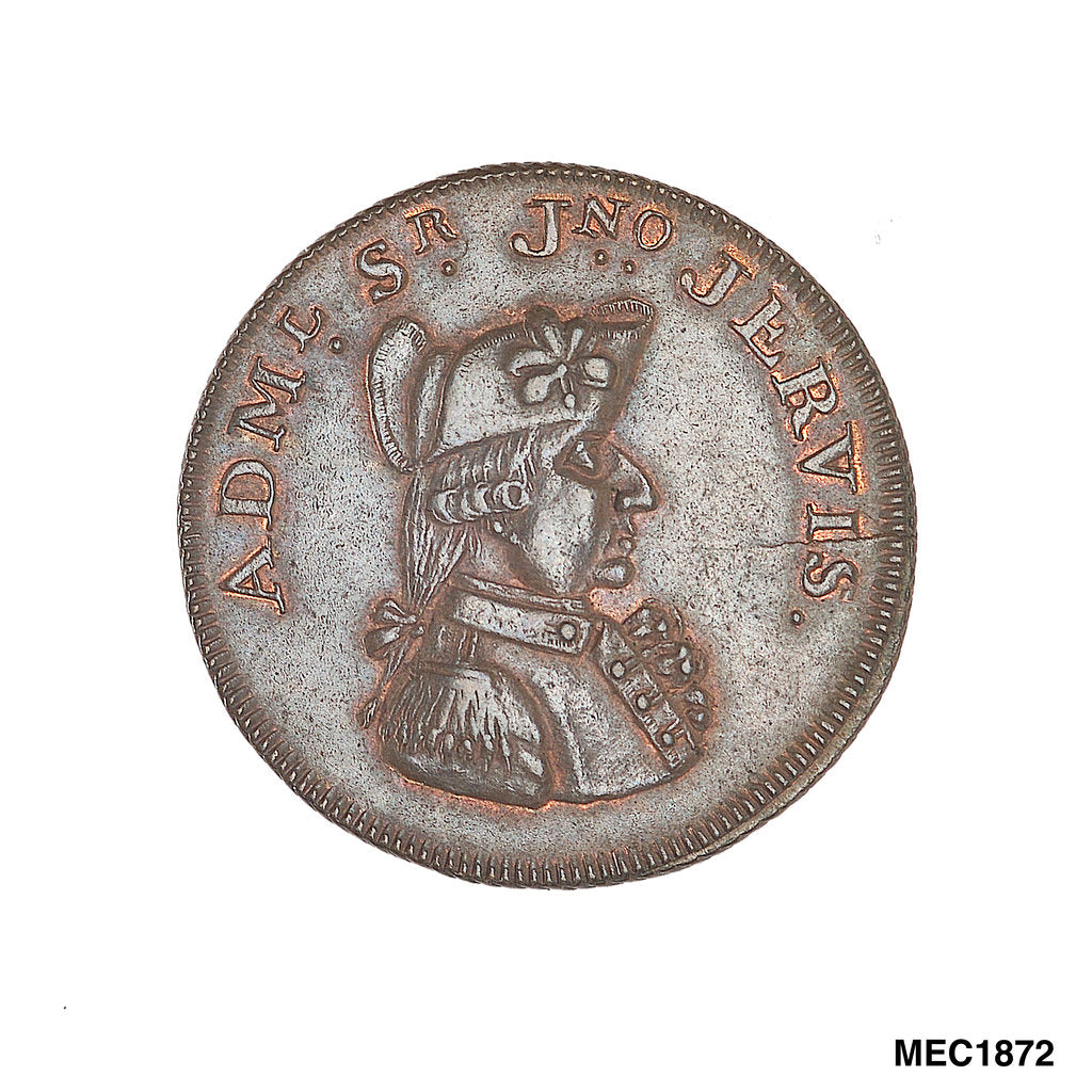 Detail of Promissory naval farthing token commemorating John Jervis, Earl St Vincent (1735-1823) by T. Wyon