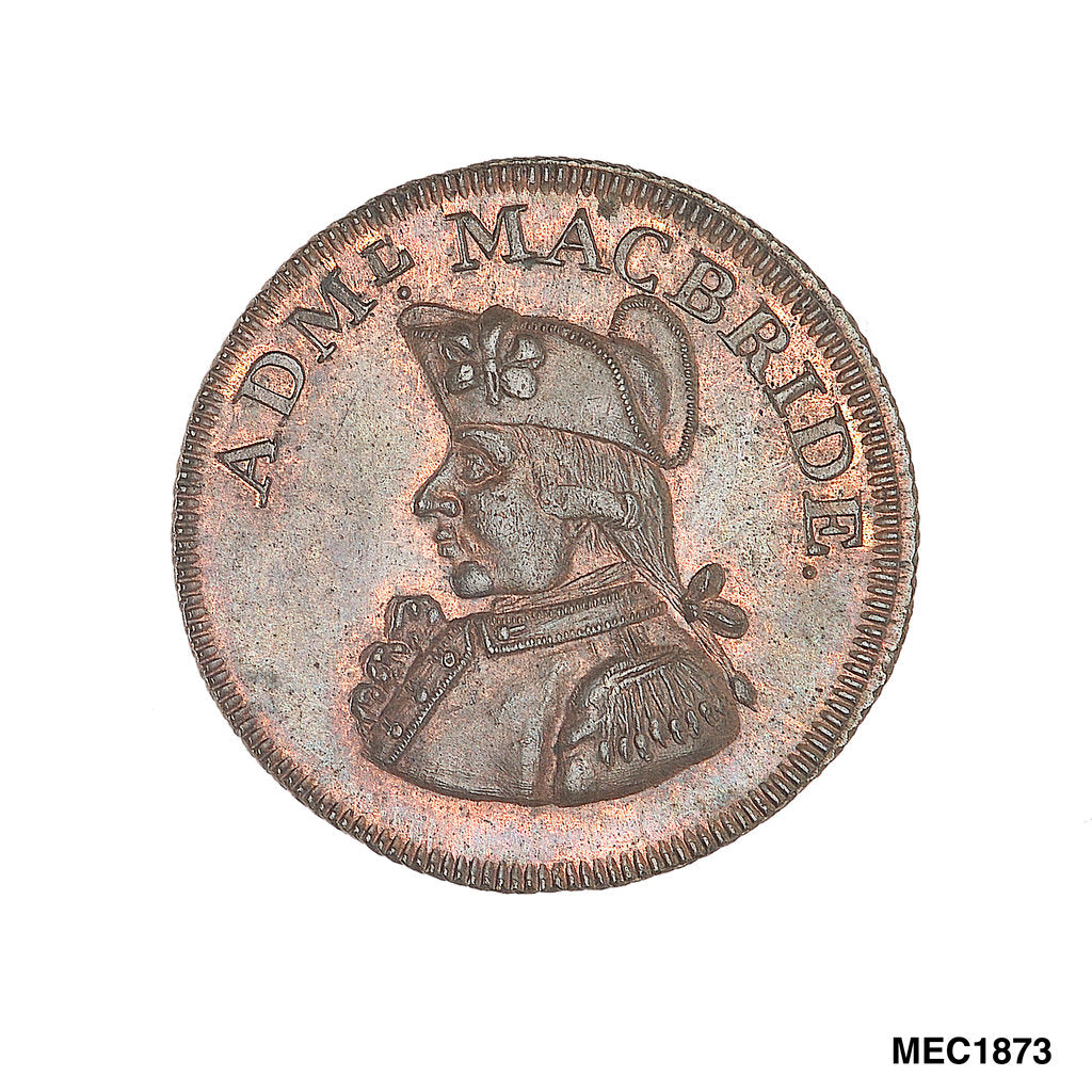 Detail of Promissory naval farthing token commemorating Admiral John MacBride by T. Wyon