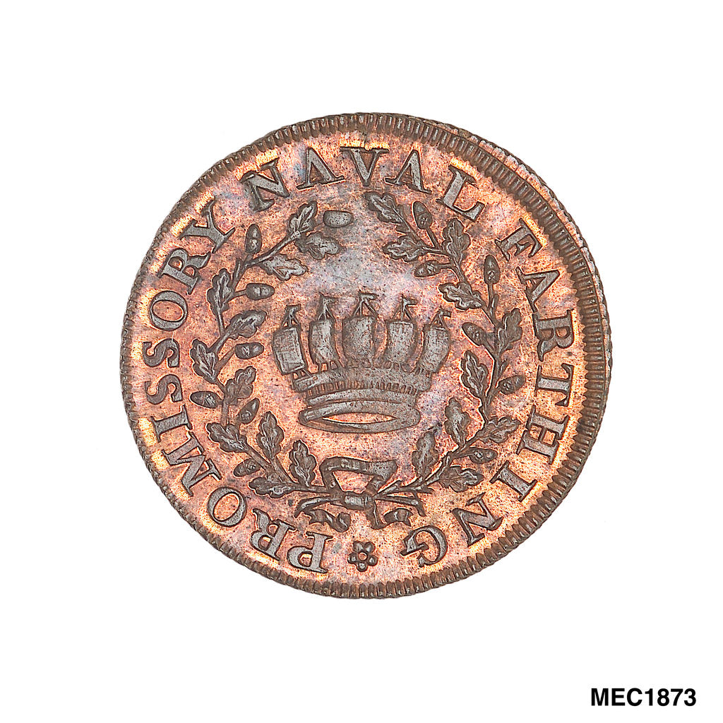Detail of Promissory naval farthing token commemorating Admiral John MacBride by T. Wyon