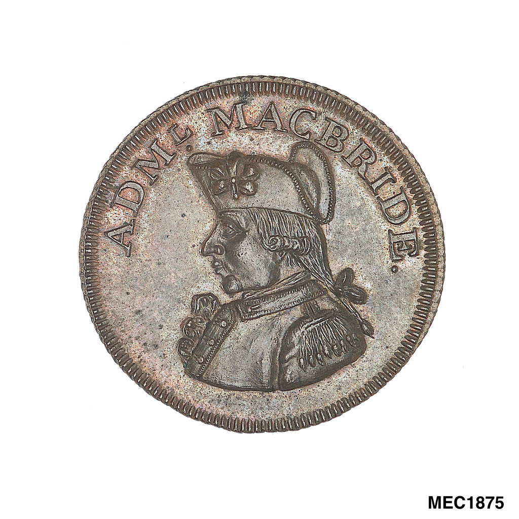 Detail of Promissory naval farthing token commemorating Admiral John MacBride by T. Wyon