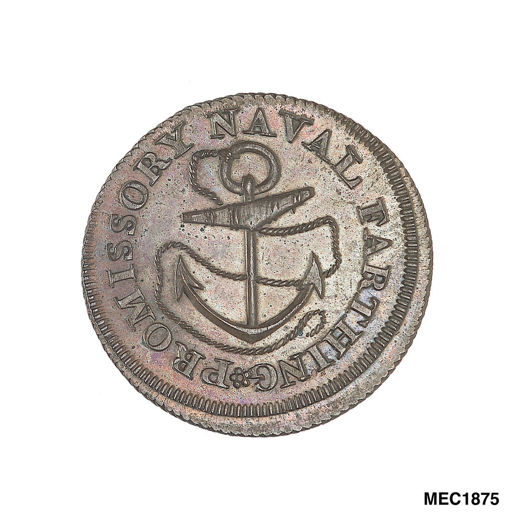 Detail of Promissory naval farthing token commemorating Admiral John MacBride by T. Wyon