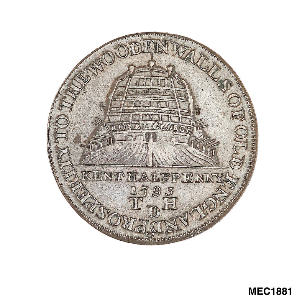 Detail of Deptford halfpenny token by T. Mynd