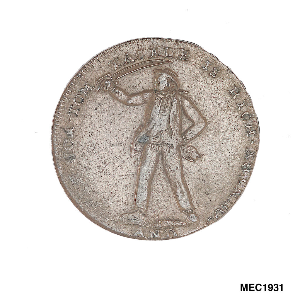 Detail of Halfpenny token commemorating Tom Tackle by unknown