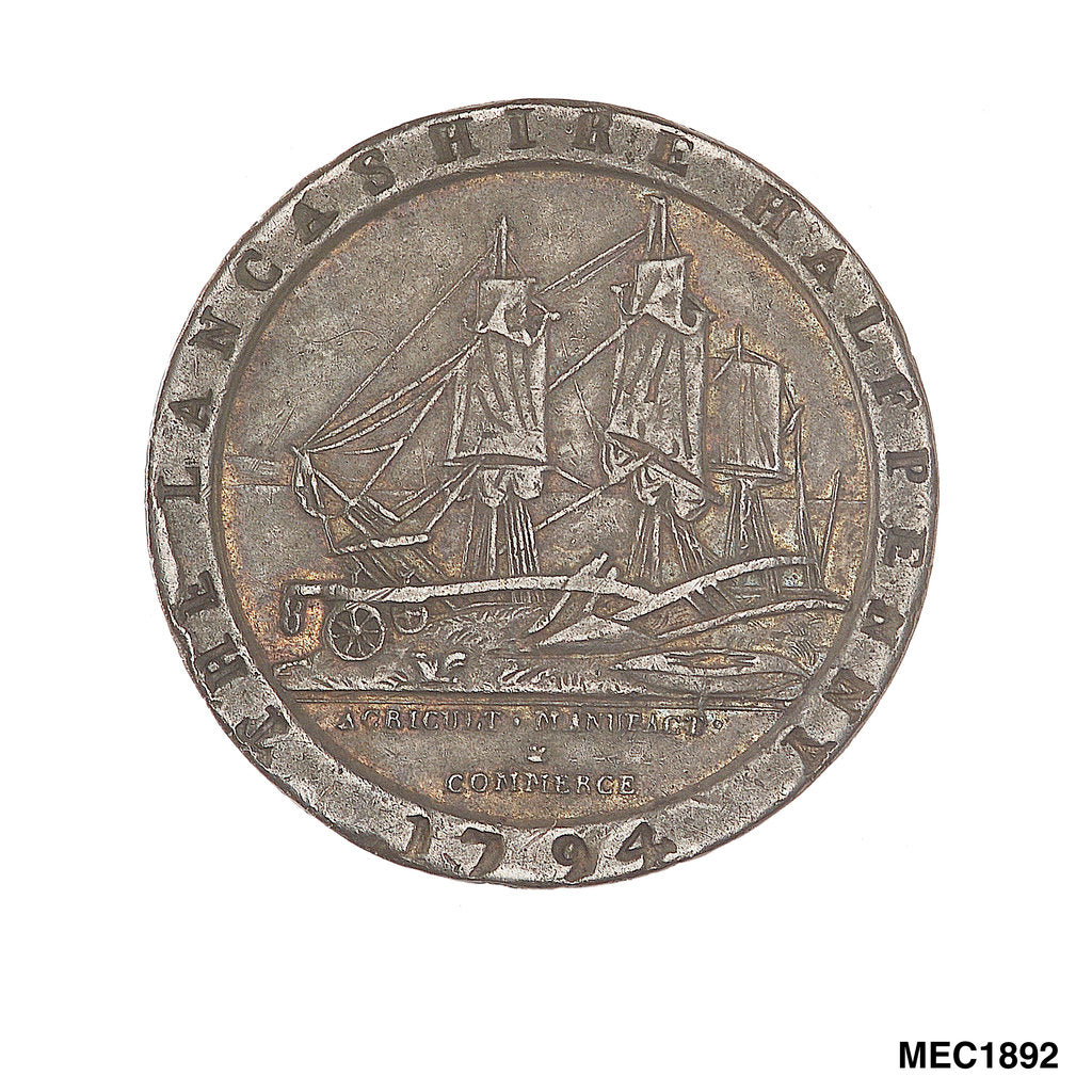 Detail of Lancashire halfpenny token by Ponthon
