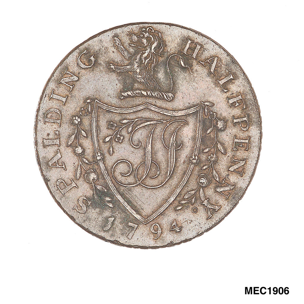 Detail of Spalding halfpenny token by T. Wyon