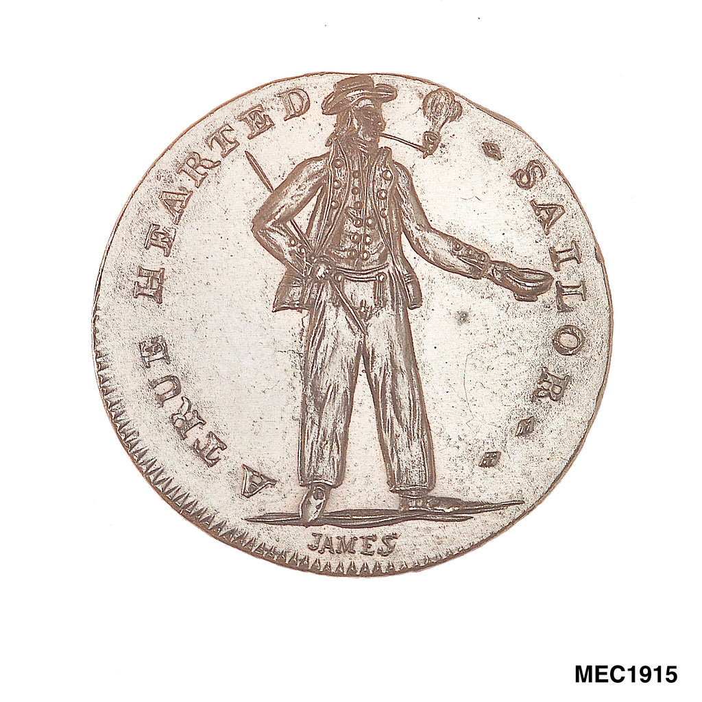 Detail of Spence's halfpenny token by C. James