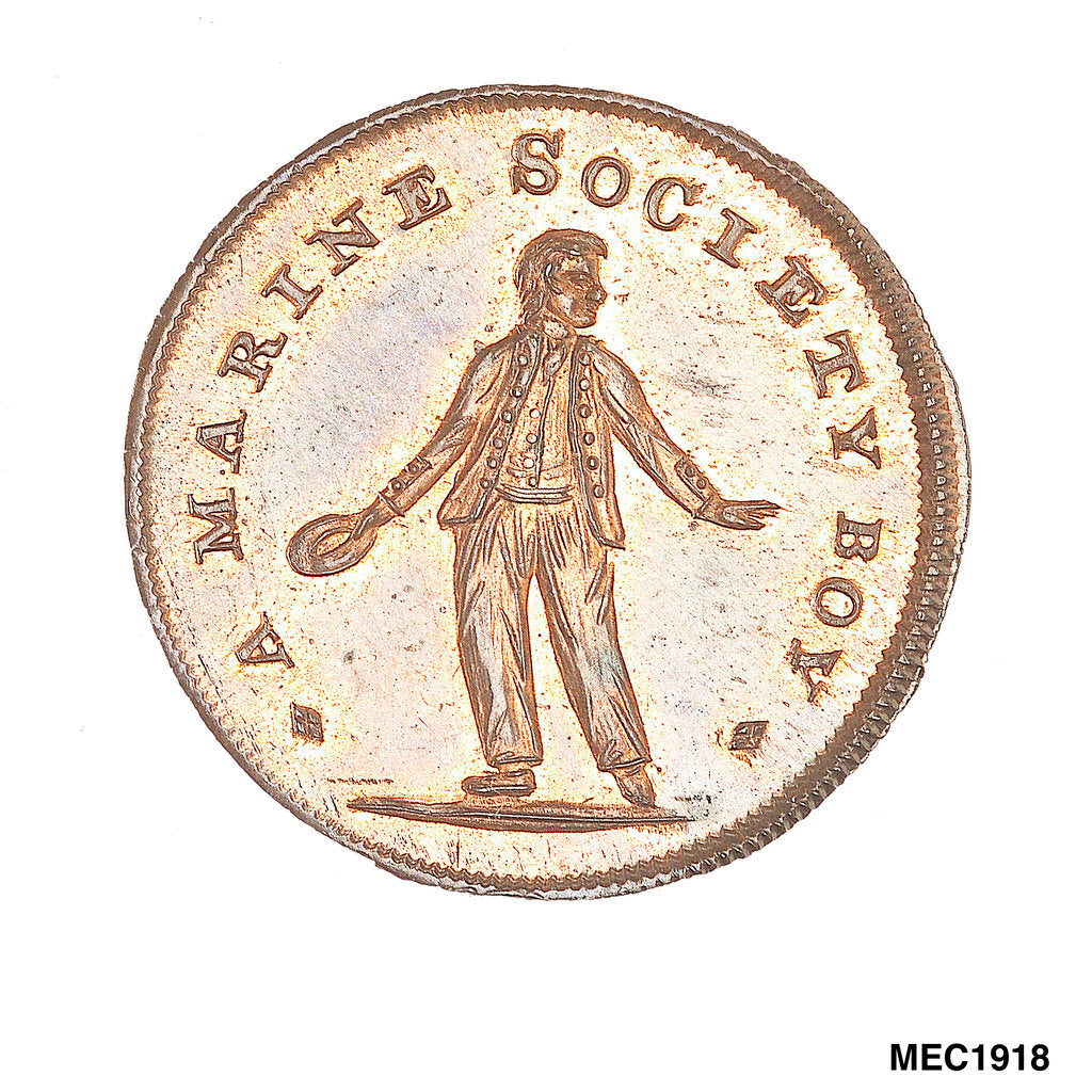 Detail of Spence's halfpenny token by C. James