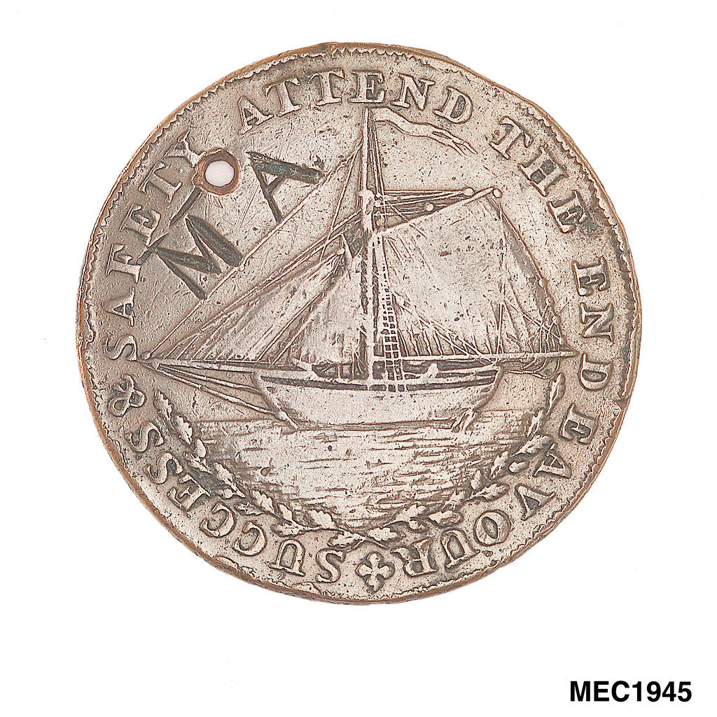 Detail of Hastings halfpenny token by T. Wyon