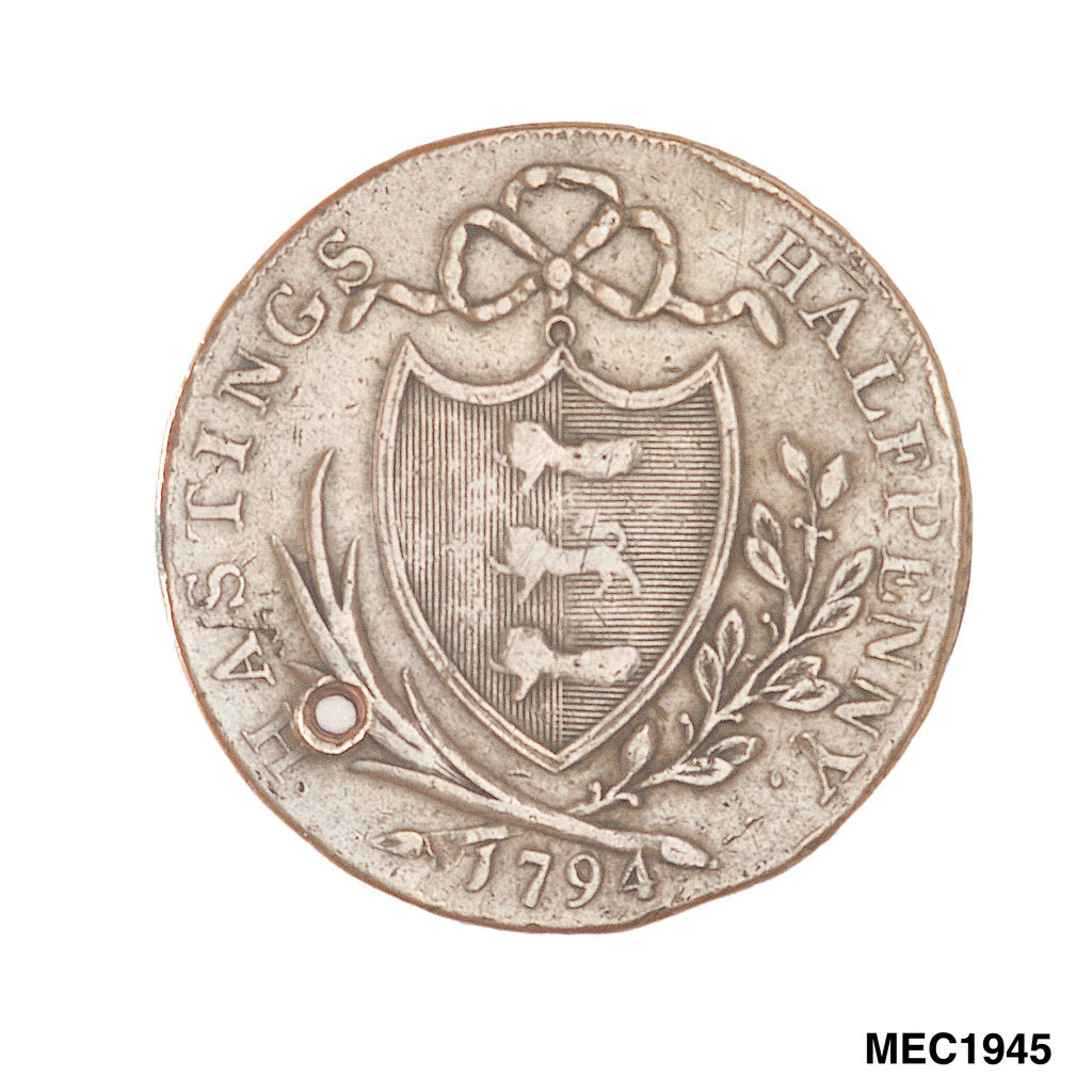 Detail of Hastings halfpenny token by T. Wyon