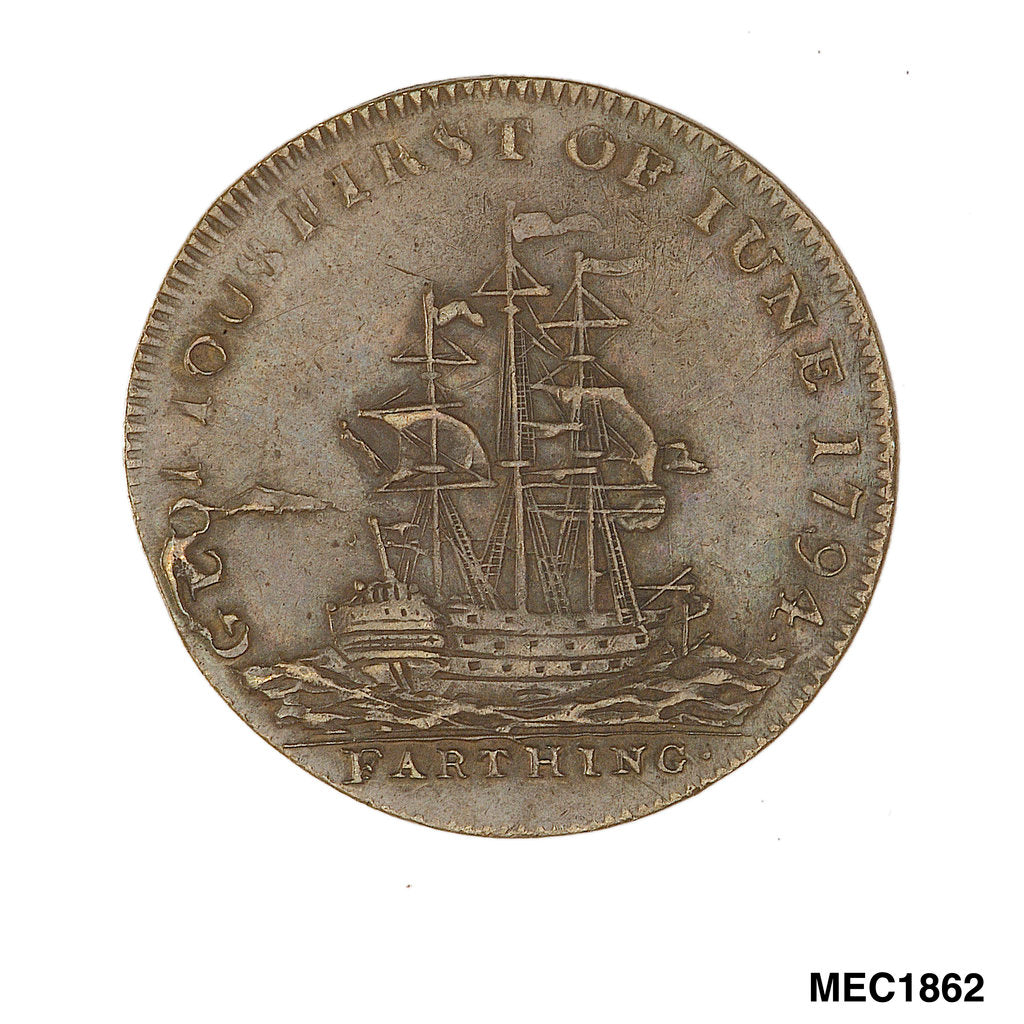 Detail of Farthing token commemorating Admiral of the Fleet Richard Howe (1726-1799) and the Glorious First of June, 1794 by T. Wyon