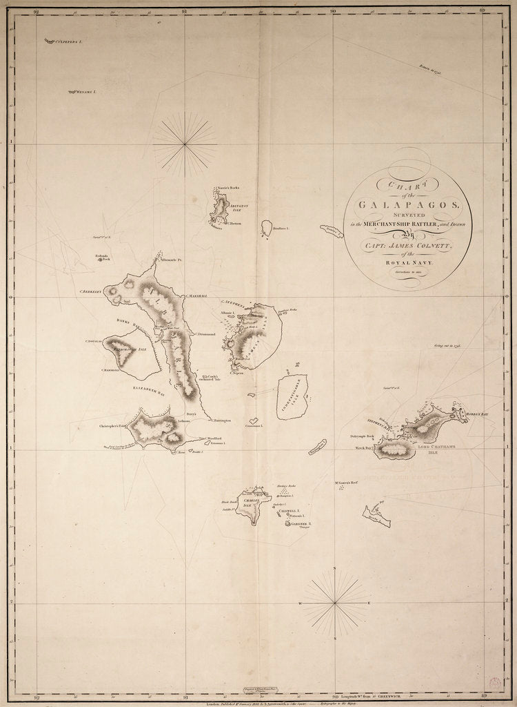 Detail of Chart of the Galapagos, surveyed in the merchant ship 'Rattler', and drawn by Captain James Colnett, of the Royal Navy. Corrections to 1832. by James Colnett