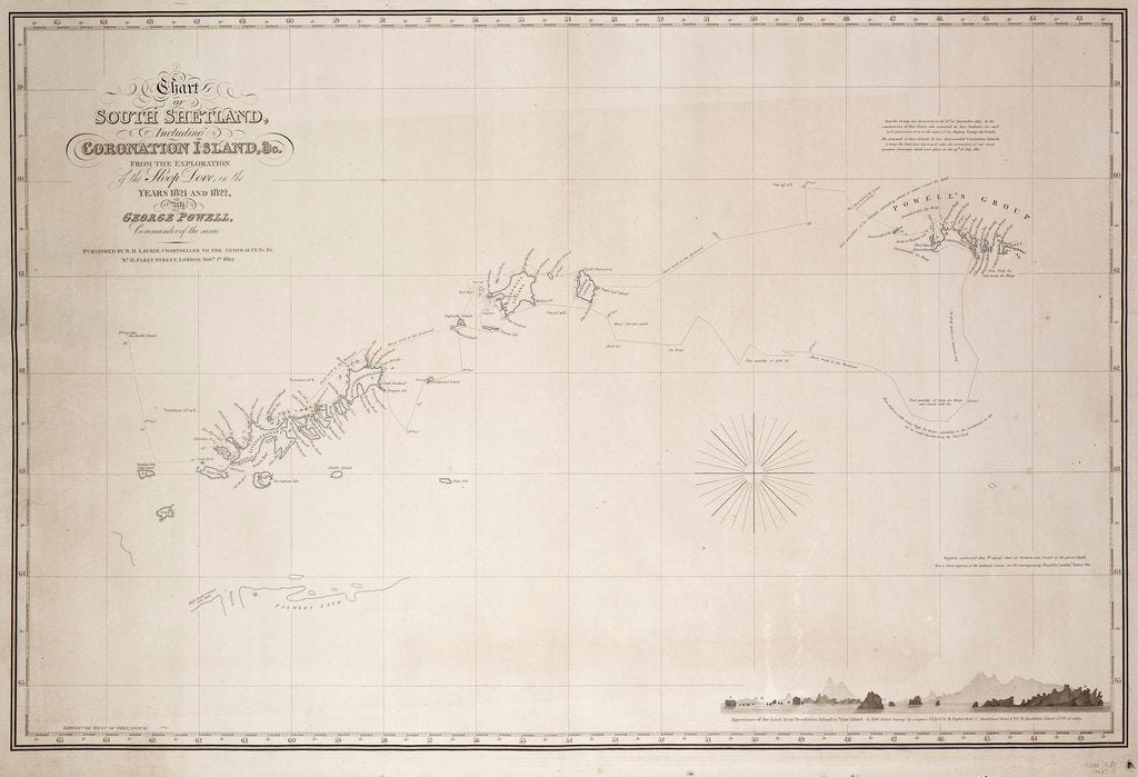 Detail of Chart of South Shetland including Coronation Island, from the exploration of the sloop Dove in the years 1821 and 1822 by George Powell Commander of the same by George Powell