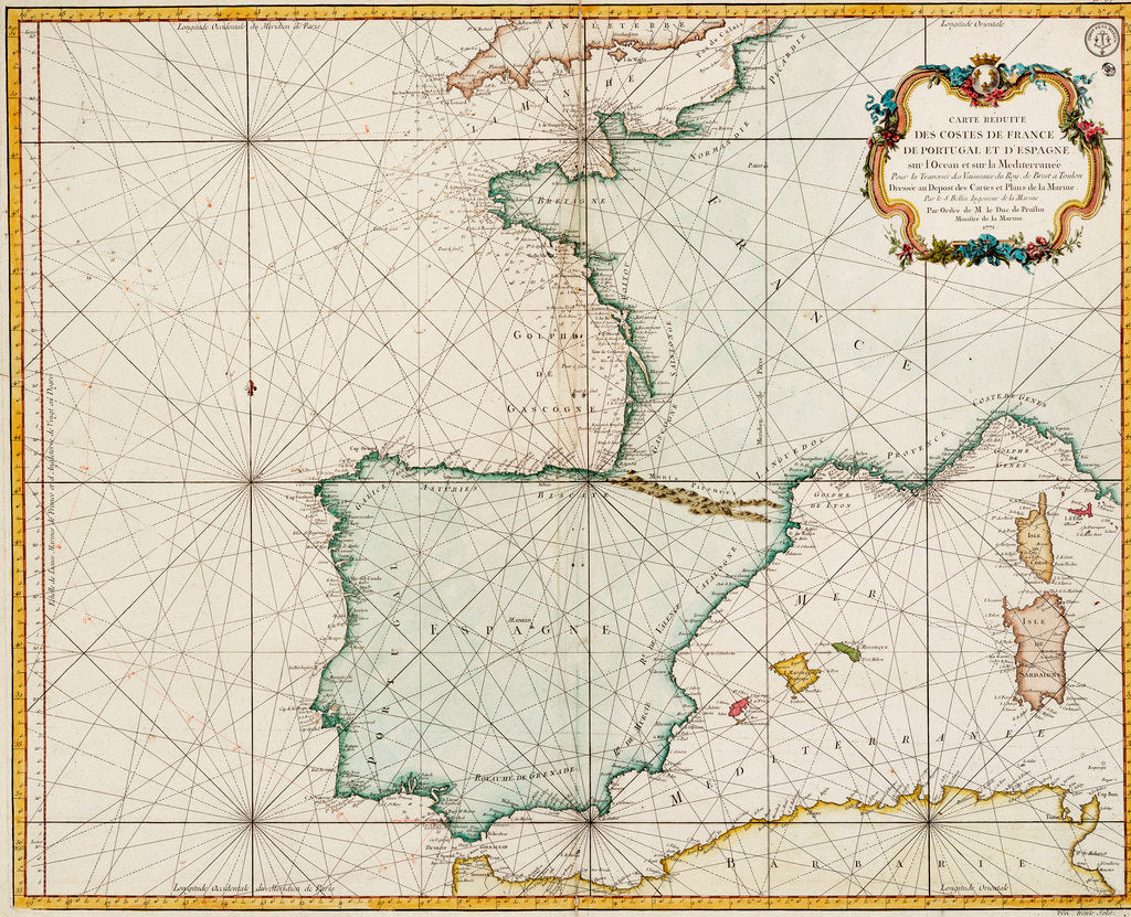 Detail of Chart of western Europe showing Paris meridian as the Prime by Jacques Nicolas Bellin