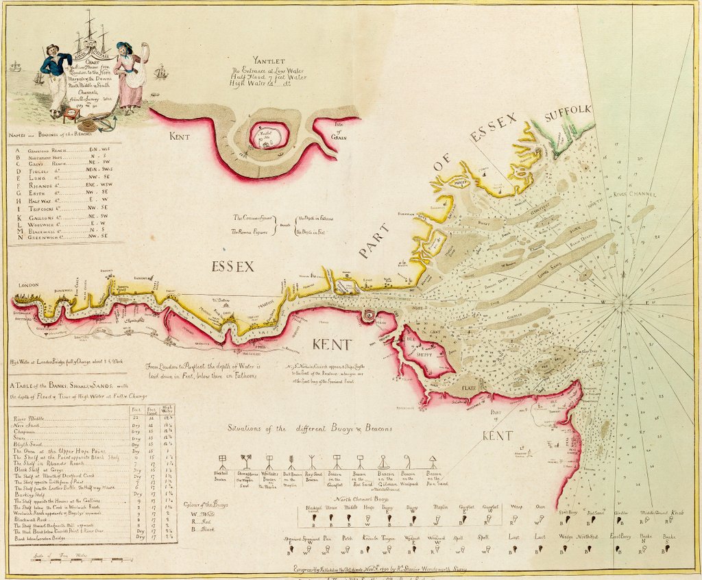 Detail of Chart of the River Thames from London to the Nore, Margate and the Downs, North, Middle and South Channels, from a survey taken in 1789 and 90 by Richard Stanier