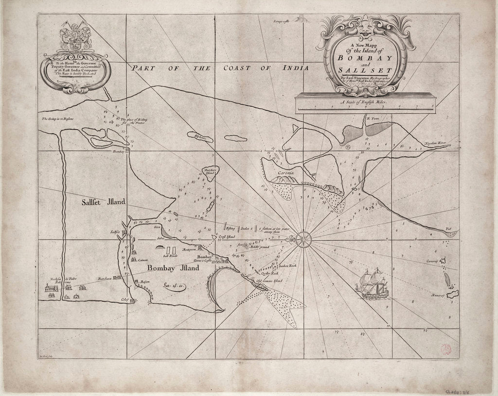 Detail of Map of Bombay and Sallset by Samuel Thornton, Hydrographer to the East India Company, first published circa 1685 by Samuel Thornton