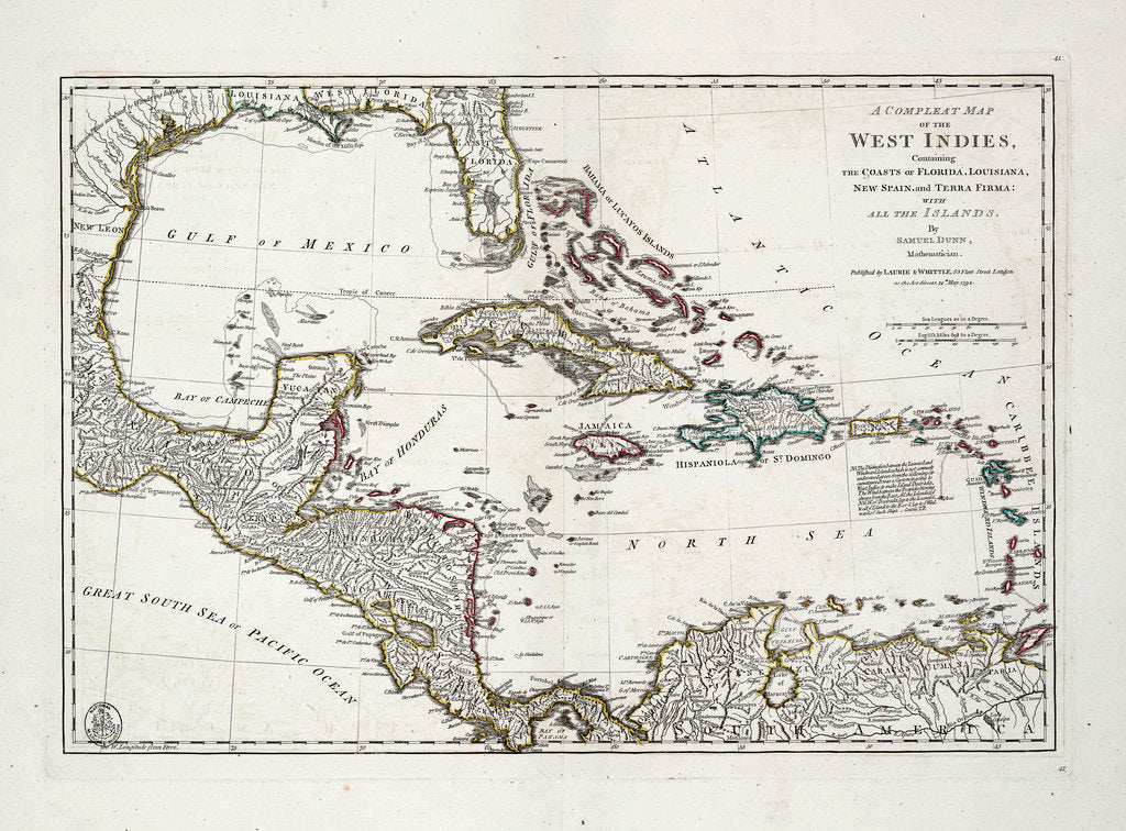 Detail of A complete map of the West Indies containing the coasts of Florida, Louisiana, New Spain and Terra Firma with all the islands by Samuel Dunn