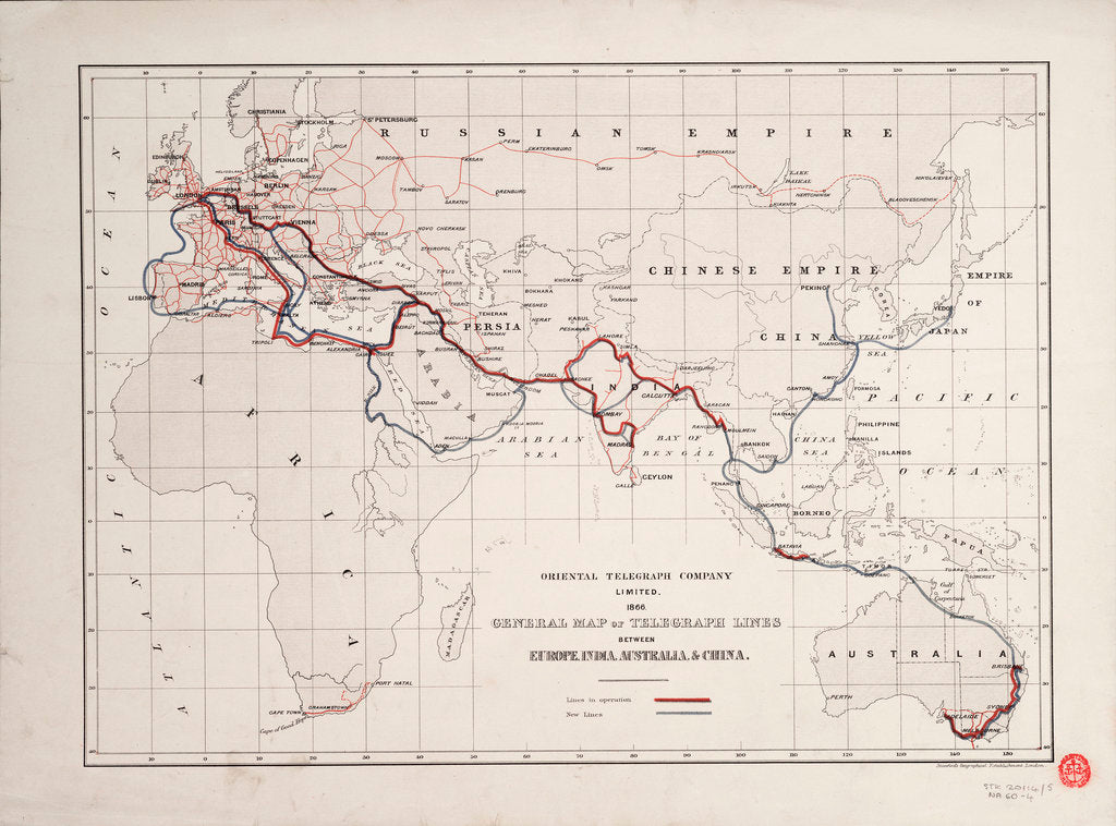Detail of General map of telegraph lines between Europe, India, Australia, and China by Oriental Telegraph Company Ltd