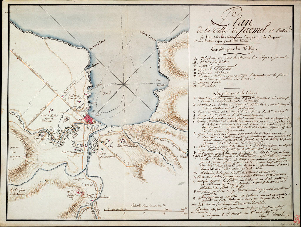 Detail of Vicinity of Jacmel, used to indicate lines and positions occupied during the blockade and the batteries established in order to build the besieged defences. by Sorrel