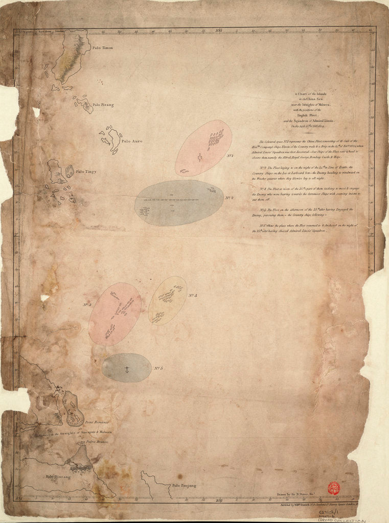 Detail of A chart of the islands in the China Sea near the Straits of Malacca with the positions of the English fleet and the squadron of Admiral Linois on the 14 & 15th February 1804 by William Daniell