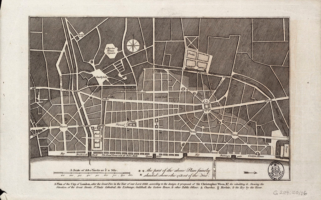 Detail of Plan of the City of London after the Great Fire of 1666 by Christopher Wren