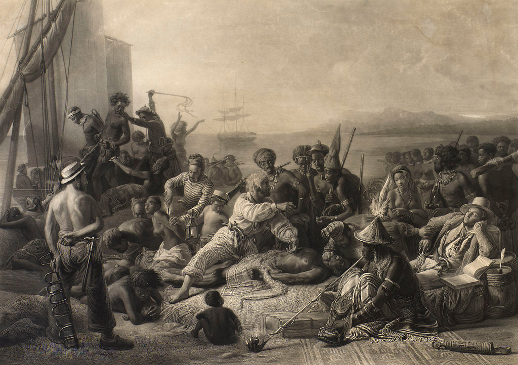 Detail of 'Scene on the Coast of Africa': slaves and slave masters await transport abroad. by C. E. Wagstaff