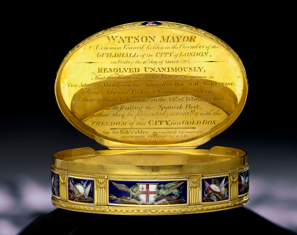 Detail of City of London Freedom box presented to Vice-Admiral Charles Thompson (1740?-1799) for his services as second-in-command at the Battle off Cape St Vincent 14 February 1797 by James Morisset