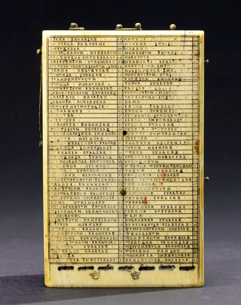 Detail of Diptych dial, leaf IIb, table of latitudes by Paul Reinmann