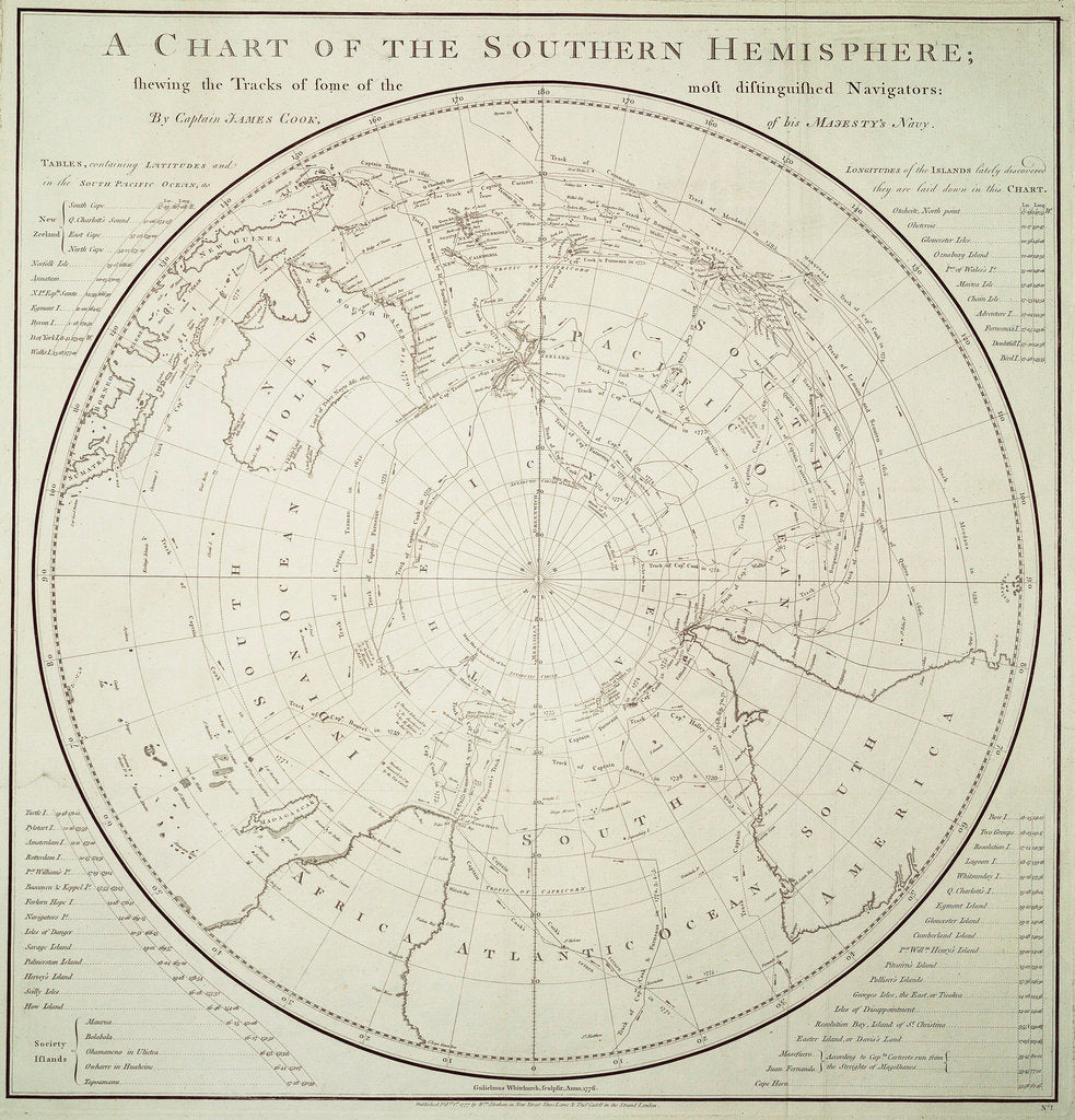 Detail of Chart of the Southern Hemisphere showing pre-Cook journeys and discoveries by James Cook