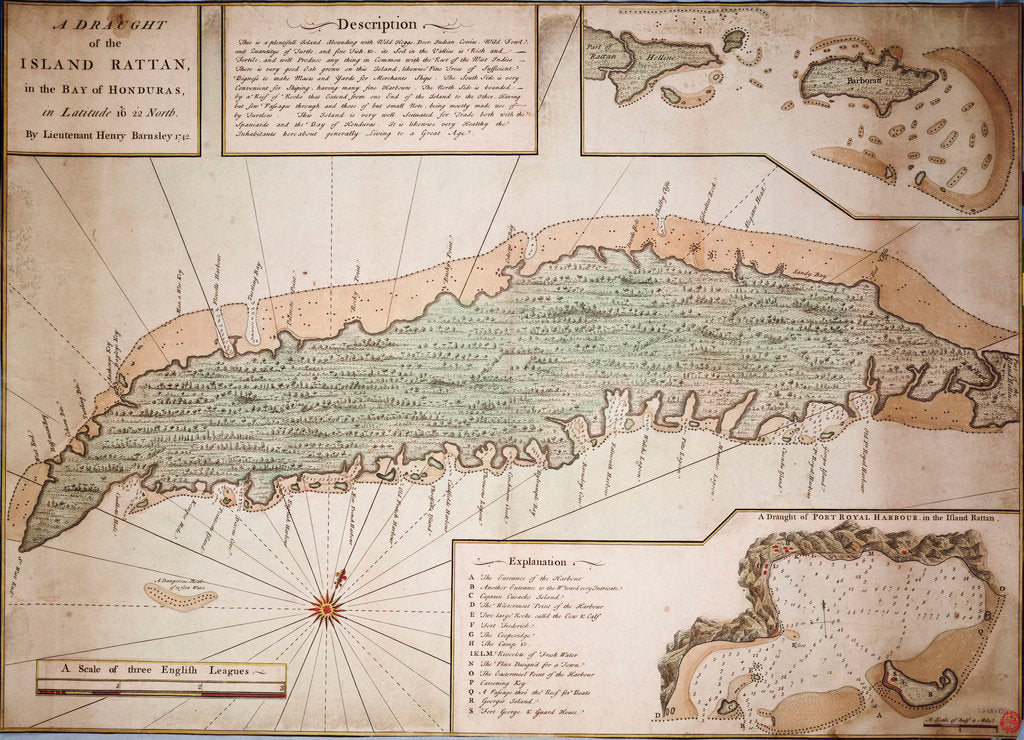 Detail of Draught of the Island Rattan in the bay of Honduras in latitude 16 degrees 22' north by Lieutenant Henry Barnsley 1742 by Henry Barnsley