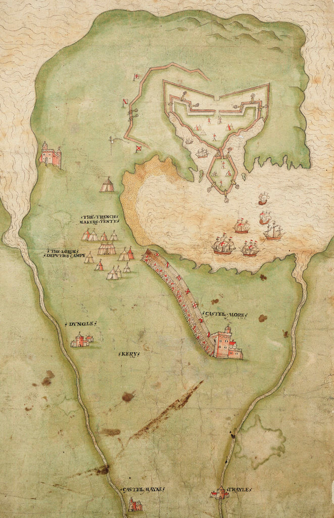 Detail of Map of Smerwick, Ireland, showing the English earthwork with two guns for attacking the Spanish fort and English soldiers marching out of Castell More by unknown
