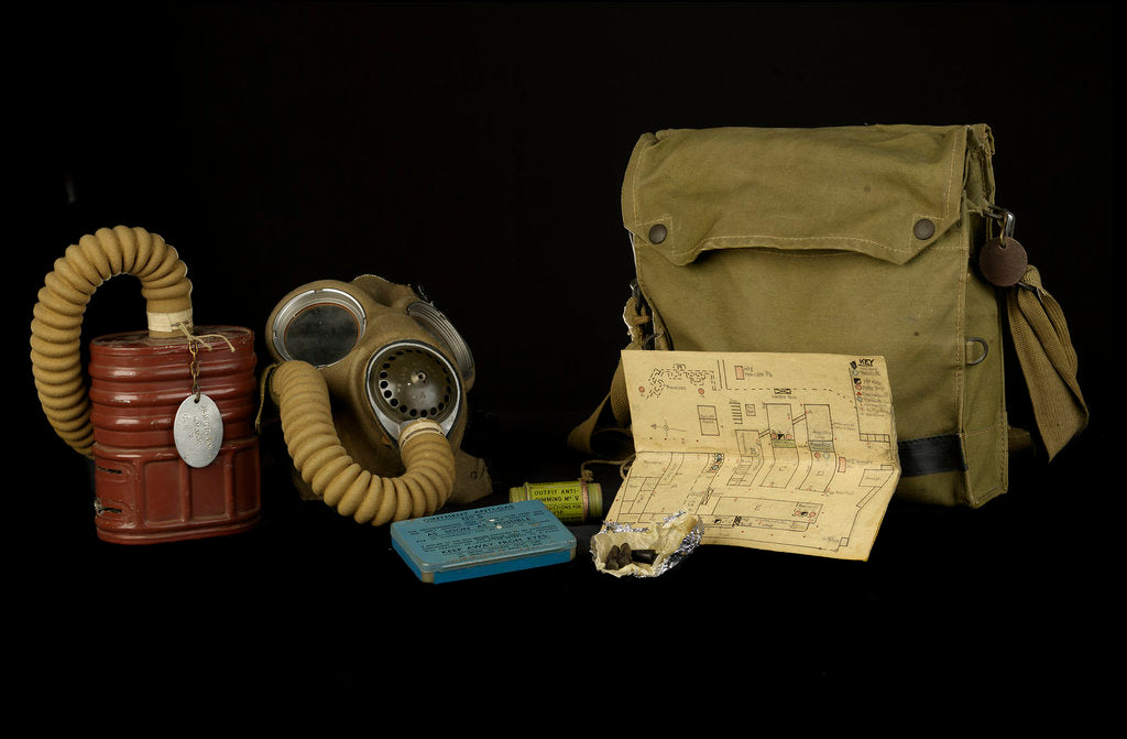 Detail of Non-regulation gas mask bag and contents by unknown